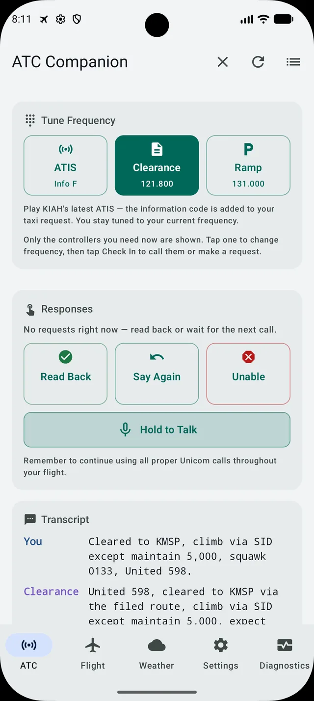 The Transcript card keeps the whole conversation &mdash; your calls tagged You, the controller's tagged by position.