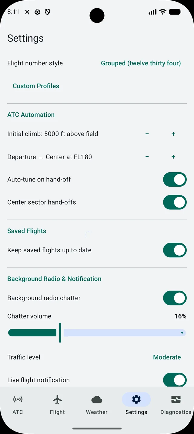 Settings screen showing Mode FAA / US, Flight number style, Custom Profiles, the ATC Automation section with initial climb and TRACON ceiling steppers and Auto-tune on hand-off and Center sector hand-offs switches, Saved Flights, and Background Radio and Notification.